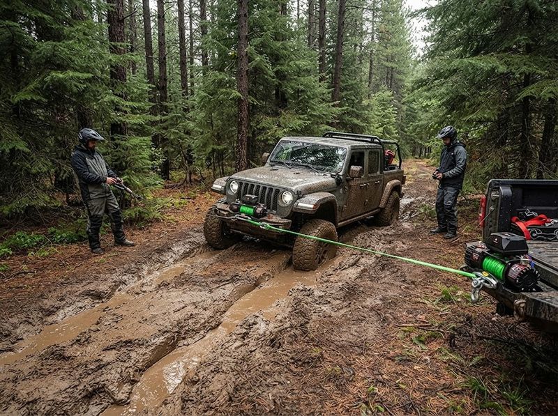 Operator standing clear of a taut winch line, thumb on a wireless remote, bogg