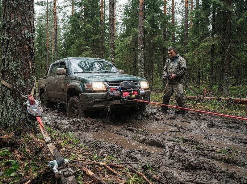 13,000 lb black winch mounted behind a truck grille, green synthetic rope unde